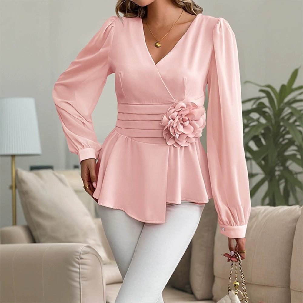 Womens Elegant Office Blouse 3D Floral Collar Waist Definition